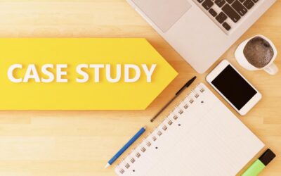 Case Study - linear text arrow concept with notebook, smartphone, pens and coffee mug on desktop - 3d render illustration.